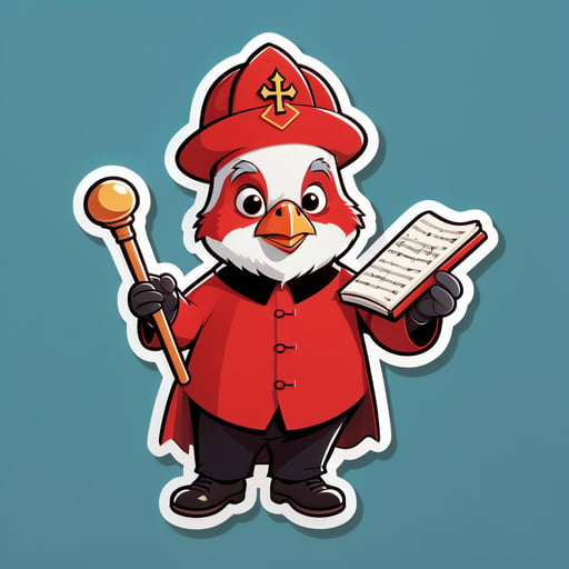 Um cardeal com um livro de músicas na mão esquerda e uma batuta de maestro na mão direita sticker