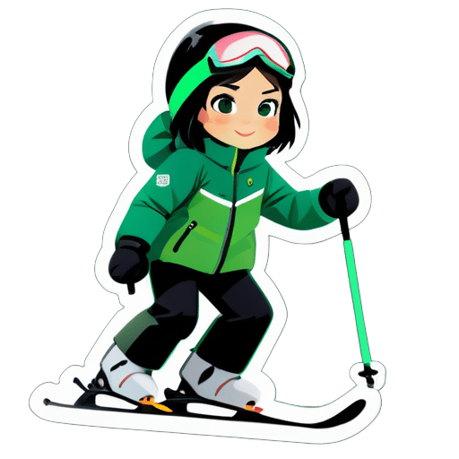 Uma garota esquiando, usando um casaco verde, calças pretas e cabelo preto curto a médio sticker