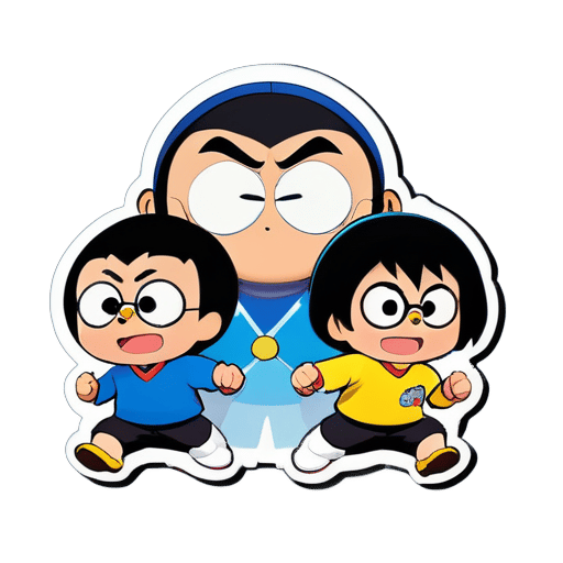 Shinchan, doraemon và ninja hattori trong cùng một bức tranh sticker