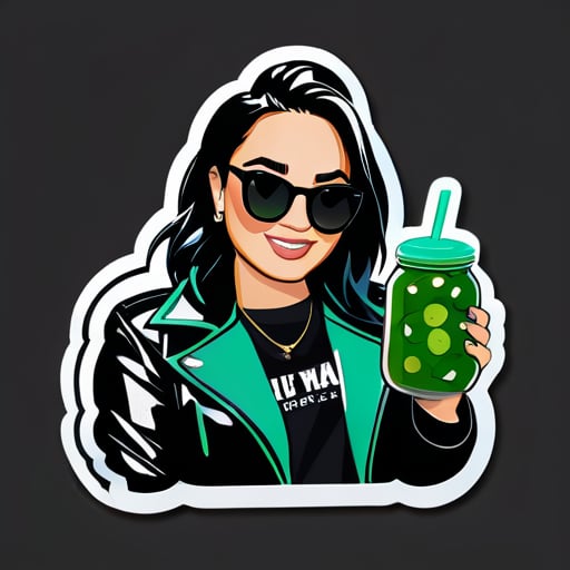 Demi lovato wearing a black jacket with sunglasses holding a jar of pickles  sticker