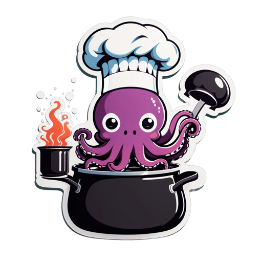 一隻章魚，左手戴著廚師帽，右手拿著烹飪鍋 sticker