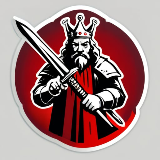 Crea un logo de un rey anciano con una espada ensangrentada en una mano. sticker