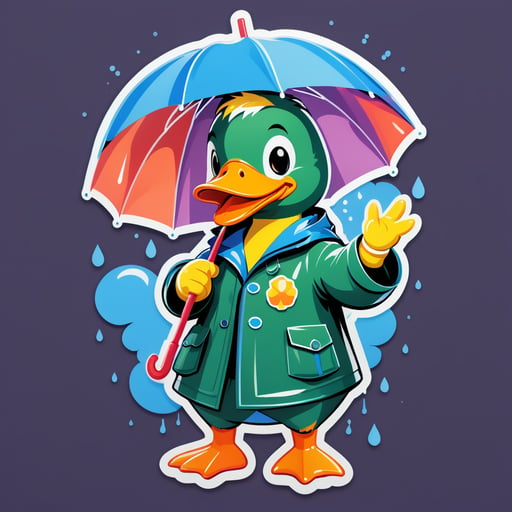 一隻鴨子，左手拿著雨衣，右手拿著雨傘 sticker