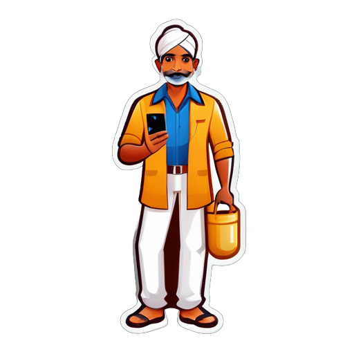 Indian Farmer full body with with smart phone in hand sticker