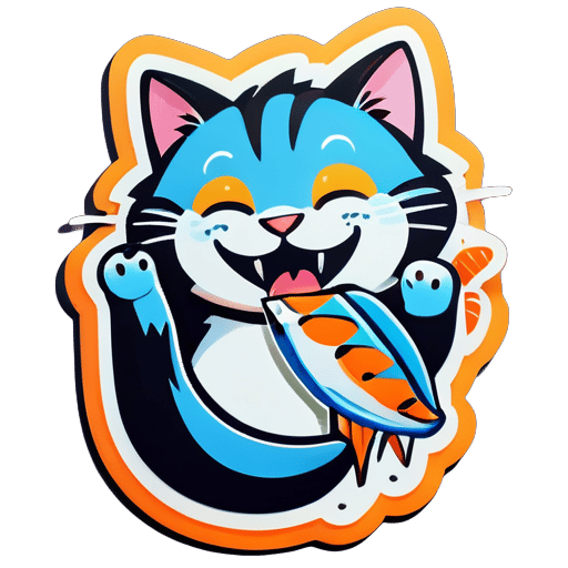 gato comiendo pescado mientras sonríe sticker