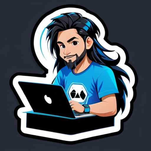 Generador de una pegatina de un chico trabajando en su computadora portátil, el chico tiene el pelo largo al estilo Messi, barba, lleva una camiseta azul maya de manga larga y jeans negros carbón. sticker
