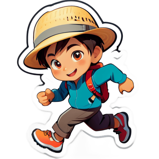 Un niño pequeño, con un sombrero y vestido con ropa de viaje, se prepara para viajar haciendo un gesto de carrera. sticker