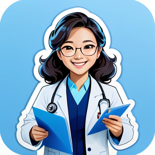 Usar uma imagem profissional de uma médica chinesa como avatar, vestindo um uniforme médico formal ou jaleco branco, sorrindo, com cabelos ondulados longos, usando um estetoscópio no pescoço, segurando arquivos, usando óculos, demonstrando confiança e simpatia de médica. O fundo da foto é azul claro. sticker