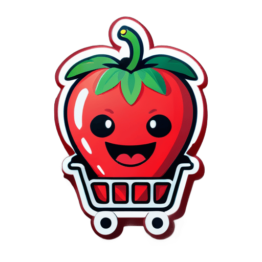 A strawberry holding up its hands and laughing happily is lying in a shopping cart sticker