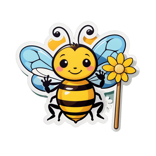 Uma abelha com uma flor em sua mão esquerda e um pegador de mel em sua mão direita sticker