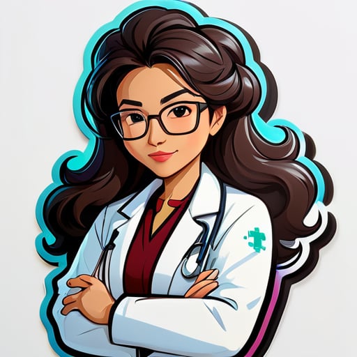 Bác sĩ nữ châu Á, tóc xoăn lớn, không đội mũ, đeo kính, mặc áo choàng trắng, đặt hai tay chéo trước ngực, hình ảnh hoạt hình. sticker