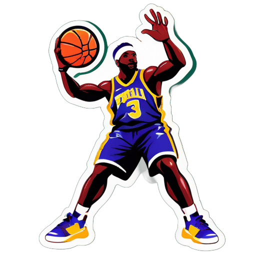 給我一張籃球運動員在打籃球並將籃球投進籃框的貼紙 sticker