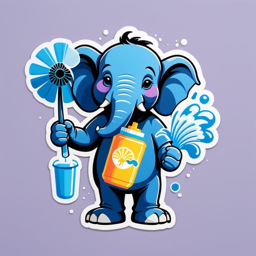 一隻大象，左手拿著噴水瓶，右手拿著風扇 sticker