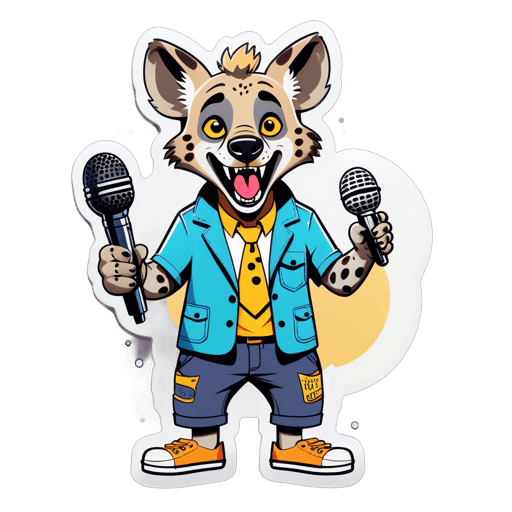 Une hyène avec un microphone dans sa main gauche et un script de stand-up comedy dans sa main droite sticker