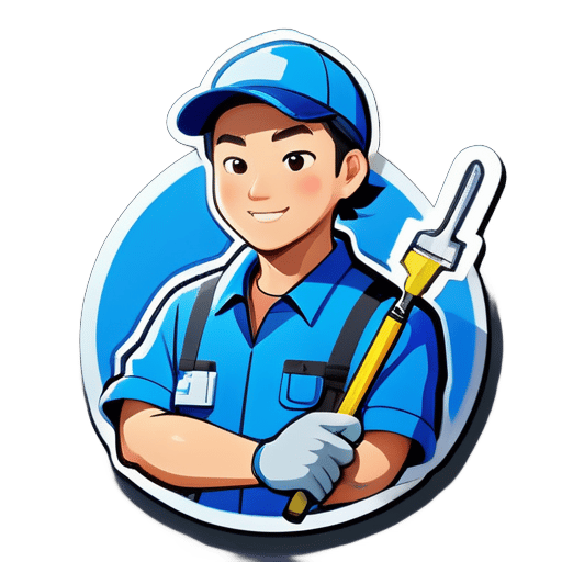 Uma imagem de um técnico de manutenção vestindo um uniforme azul, apenas da cintura para cima, com traços chineses, segurando ferramentas. sticker