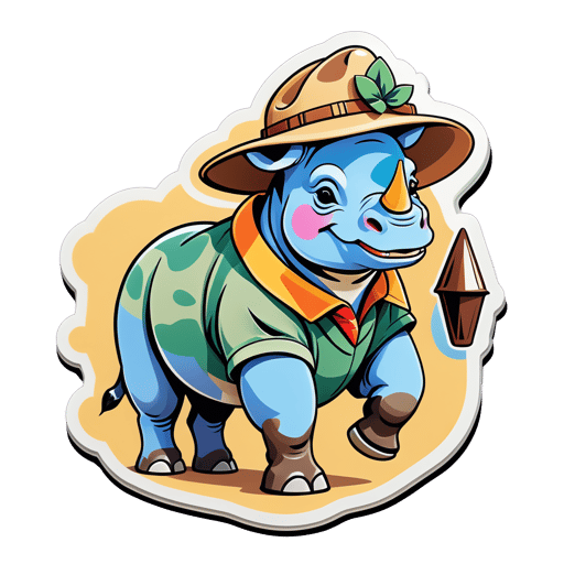 A rhinoceros with a safari hat in its left hand and a map in its right hand sticker