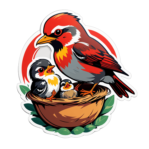 Pássaro Vermelho Alimentando Filhotes no Ninho sticker
