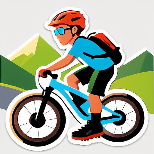 Riding a mountain bike on a mountain road, a boy wearing glasses sticker