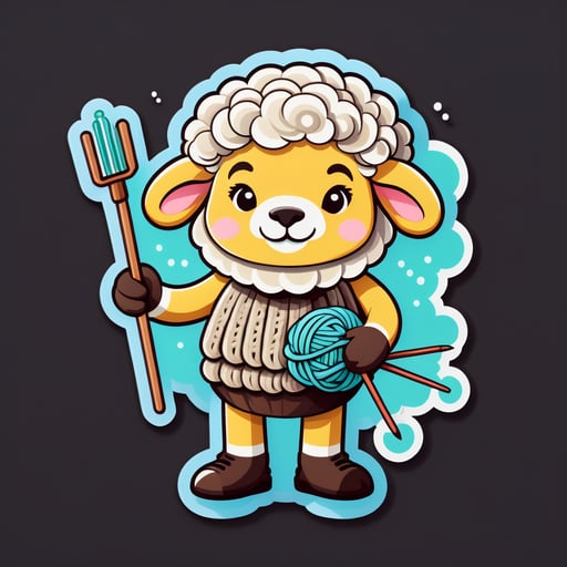 左手に毛糸のかせを持ち、右手に編み針を持った羊 sticker