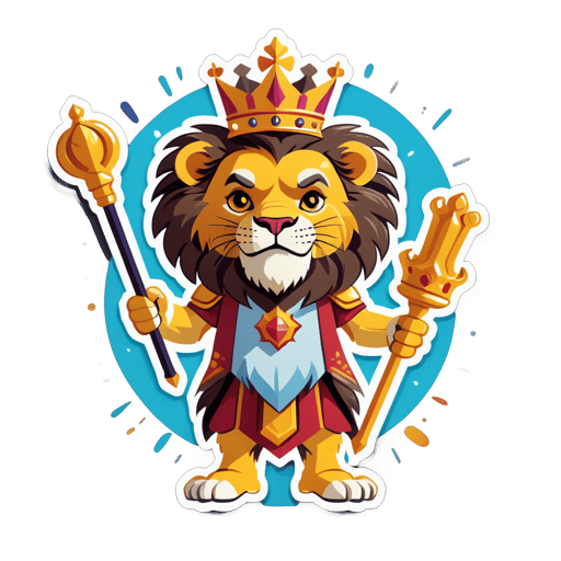 Um leão com uma coroa em sua mão esquerda e um cetro em sua mão direita sticker