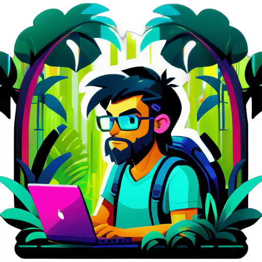 Trong lòng một khu rừng xanh tươi, một lập trình viên hoang dã tập trung mã hóa trên một laptop, thể hiện sự kết hợp độc đáo giữa vẻ đẹp hoang dã của thiên nhiên và thế giới kỹ thuật số sticker