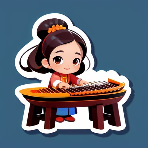 Ayúdame a diseñar un avatar de dibujos animados para usar en un sitio web, una niña pequeña tocando el guzheng, con un estilo chino, moderno pero sin perder la elegancia clásica. sticker