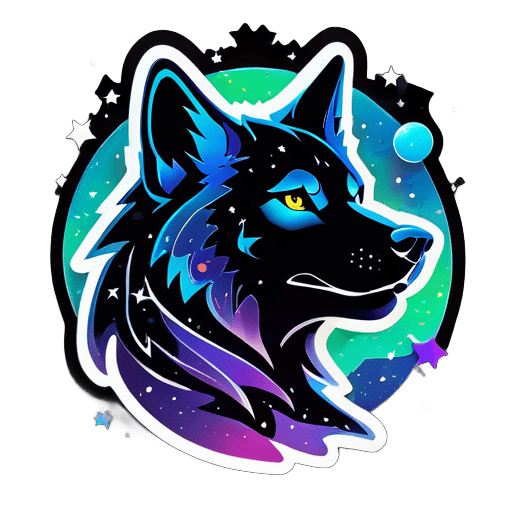 宇宙をテーマにしたオオカミのシルエットで、渦巻く銀河と星が輪郭の中に描かれています。テキスト"Galactic Alpha Gaming"は宇宙の効果で飾られ、異世界的な雰囲気を演出しています。 sticker