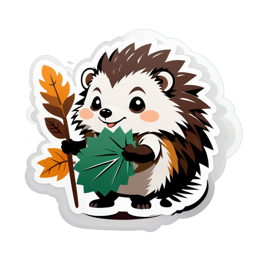 A hedgehog with a brush in its left hand and a pile of leaves in its right hand sticker