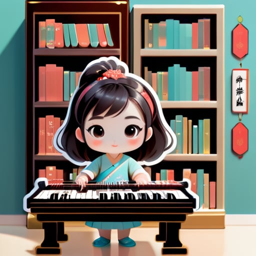 Une jeune fille moderne jouant du guzheng dans une pièce avec une bibliothèque et des livres en arrière-plan, demandant une combinaison de style classique chinois et moderne. sticker