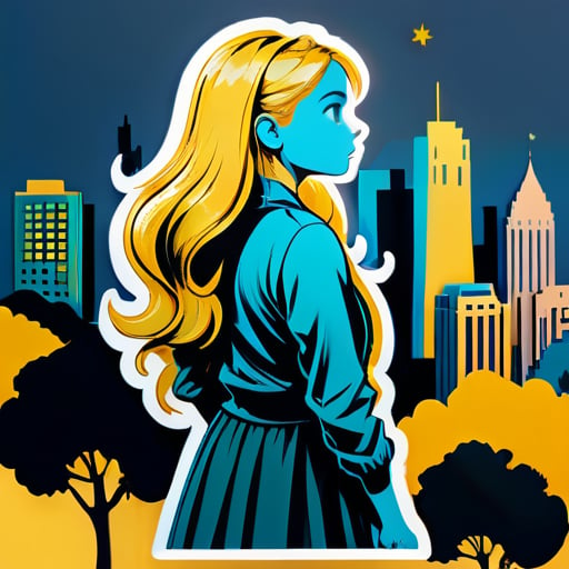 một cô gái với mái tóc vàng đang ngồi trên một cây nhìn xuống thành phố sticker