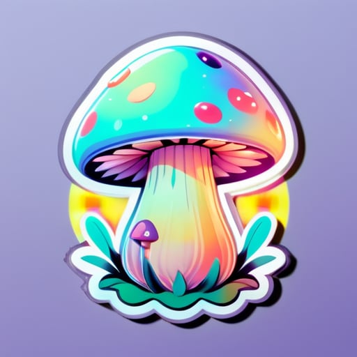 Pastel cogumelo que é holográfico e tem uma pequena pessoa sentada no cogumelo sticker