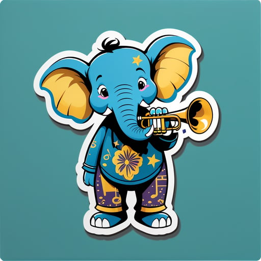 Un elefante con una trompeta en su mano izquierda y partituras en su mano derecha sticker