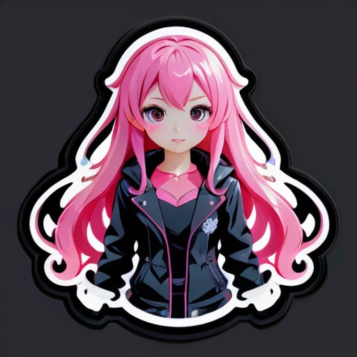 Menina com cabelos longos cor-de-rosa e traje JK preto, imagem de anime sticker
