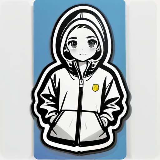 A simple line drawing girl in a windbreaker, black and white sticker