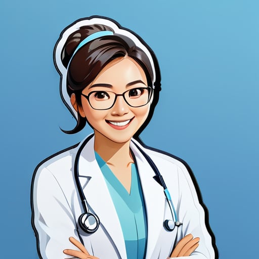 Verwenden Sie das professionelle Bild einer asiatischen Ärztin als Profilbild, die formelle Arztkleidung oder einen weißen Kittel trägt, lächelt, eine Brille trägt und Selbstbewusstsein und Sympathie ausstrahlt. Der Hintergrund des Fotos ist hellblau. sticker