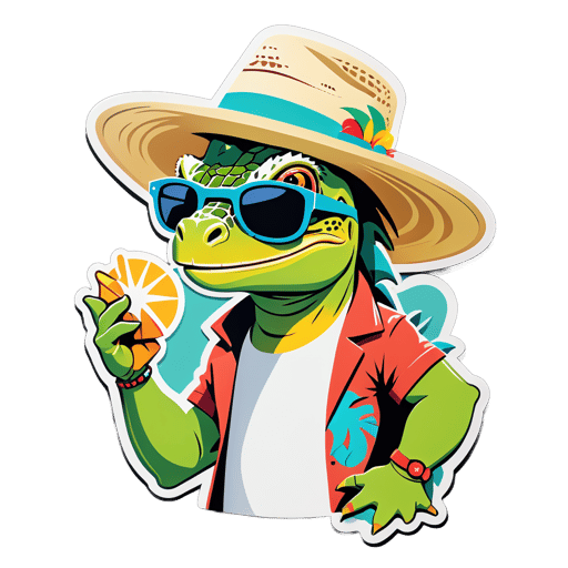 An iguana with a sun hat in its left hand and a pair of sunglasses in its right hand sticker