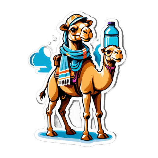 一隻駱駝，左手拿著水壺，右手拿著沙漠圍巾 sticker