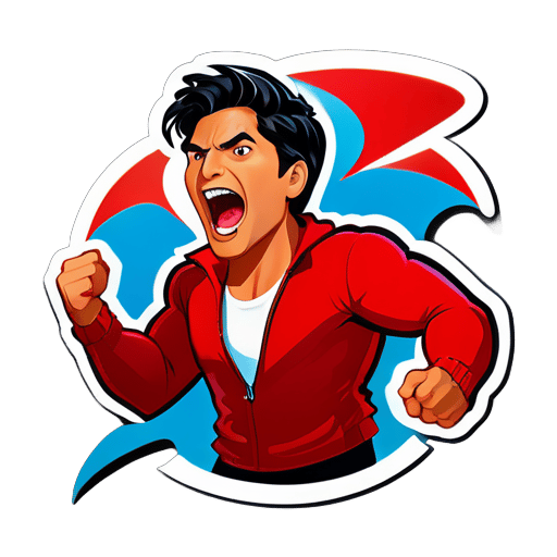 homem de suéter vermelho gritando com raiva 'chayanne' em vez de 'Shazam' sticker
