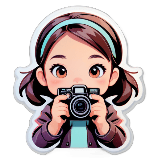 jovem garota segurando uma câmera, Adesivo, Extático, Cor Muda, Desenho Animado, Contorno, Vetor, Fundo Branco, Detalhado sticker