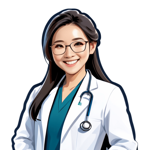 Using a professional image of a Chinese female physician as the avatar, wearing formal doctor's uniform or white coat, smiling, with long hair, no hat, stethoscope around the neck, holding files, wearing glasses, displaying confidence and friendliness of a doctor. The background color of the photo is light blue. sticker