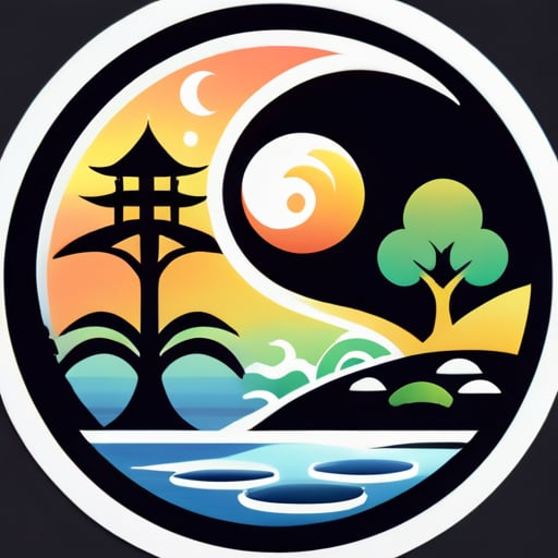 生成一個由陰陽八卦構圖，包含：太陽、月亮、樹木、高樓、湖泊元素，畫風非常簡潔明瞭的商標圖片。 sticker