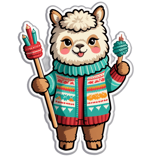 An alpaca with a woolly sweater in its left hand and knitting needles in its right hand sticker