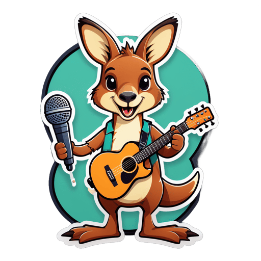 Một con kangaroo cầm một cây guitar trong tay trái và một micro trong tay phải sticker