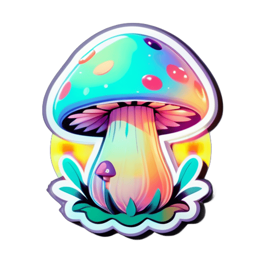 粉色的蘑菇，呈全息效果，上面坐着一个小人 sticker