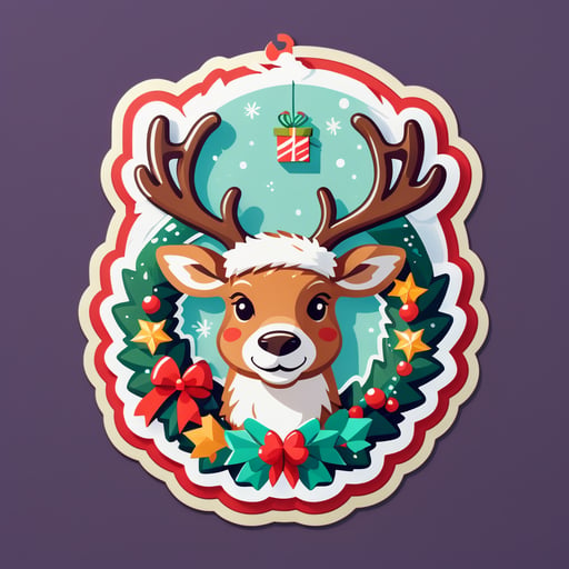 Un renne avec une couronne de Noël dans sa main gauche et une boîte cadeau dans sa main droite sticker