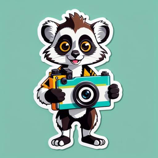 Un lémurien avec une caméra dans sa main gauche et un guide de voyage dans sa main droite sticker