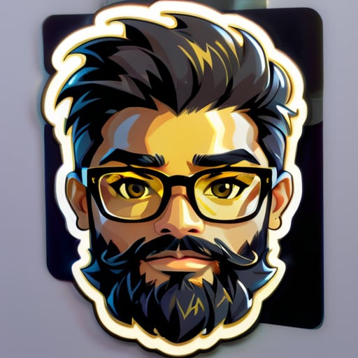 Crea un sticker para un hombre negro con gafas doradas que sea programador y tenga barba corta sticker