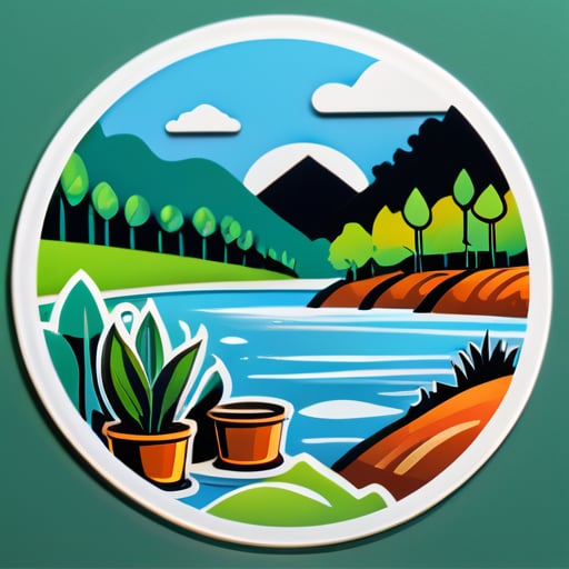 Man made pots with soil at bank of river and forest is at his background sticker