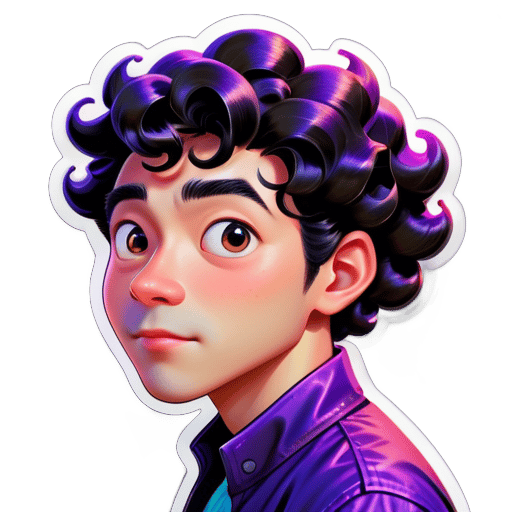 Hair: Black shiny woolly curly hair, with a curliness of 0.5, slightly longer but not past the neck. Ethnicity: Asian, leaning towards East Asian, with fair skin. Expression: Contemplating a tricky bug. Occupation: A skilled modern programmer. Background: Gradient purple, circular. Gender: Male sticker