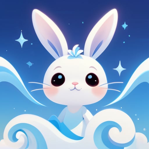 耳朵：长长的，尖尖的兔耳朵，优雅地弯曲着。面部：兔子的面部，表现出宁静的表情，小巧的闭合嘴巴，富有表现力的眼睛，以及天蓝色的肤色。表情：玩味而微妙宁静的态度。背景：背景呈现出旋转的云朵和天蓝色调。颜色：主要是白色，搭配天蓝色点缀，呈现出宁静的美感。 sticker